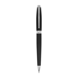 BP283, Bolígrafo Metálico “MILOS”. Cuerpo color negro engomado, electroplateado en parte superior. Clip, punta y detalles en color plata. Apertura giratoria. Con estuche de cartón. Cartucho metálico.