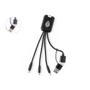 1950, Cable cargador con luz, con pieza central especialmente diseñada para marcaje en láser e iluminar el logotipo. Con conexiones de entrada Tipo C y USB; y salidas Tipo C, Lightning y Micro USB. 5V DC 2.4A. En elegante acabado de color negro, con cables recubiertos en tela de poliéster. Luces Led. Conexión Micro USB, Tipo C y Lightning 5V DC 2.4A