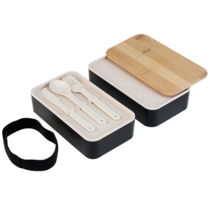 CAS 41, Doble Lunch-Box Polaris Dos recipientes con cinta elástica para sujetar. Tapa de bamboo. Puede introducirse en microondas. Barra divisoria movible. Tapa intermedia con juego de cubiertos: cuchara, tenedor, cuchillo.