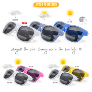 5283, Gafas de sol mágicas con protección UV400. Según sea la intensidad de la luz solar, la montura cambia progresivamente de color. Con montura mate en divertidos colores y lentes de color negro. Protección UV400