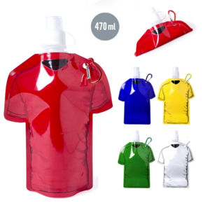 5297, Cilindro promocional camiseta de 470ml de capacidad con cuerpo flexible de acabado en PET de variados y vivos colores. Con tapón de seguridad a rosca con capucha de cierre y mosquetón metálico de transporte a juego. 470 ml