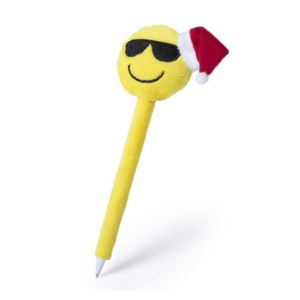 5470, Bolígrafo de divertidos diseños emoji navideños en llamativo color amarillo. Con suave cuerpo de peluche y tinta azul.