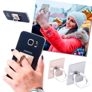 5551, Soporte adhesivo para smartphone de diseño minimalista y elegante acabado en plateado y dorado. Con anilla posterior telescópica para dedo con función doble de soporte y accesorio para selfies. Adhesivo