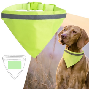 5826, Collar bandana reflectante para mascota en resistente y suave poliéster de alta visibilidad. Con banda reflectante, cinta ajustable de cierre de clic y accesorio metálico para cinta de paseo. Reflectante. Ajustable