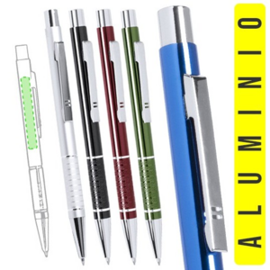 5622, Elegante bolígrafo de aluminio con mecanismo pulsador en variada gama de vivos colores metalizados y accesorios en color plateado. Con original clip troquelado y empuñadura antideslizante. Tinta azul.