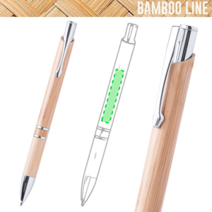 6072, Bolígrafo de línea nature con cuerpo en madera de bambú. De mecanismo pulsador, con clip troquelado y detalles en acabado cromado. De cartucho jumbo y tinta negra. Carga Jumbo. Tinta Negra