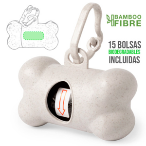 6378, Dispensador de bolsas para mascotas en línea nature, fabricado en fibra de bambú. Con resistente cuerpo y diseño de hueso, mosquetón de transporte a juego y 15 bolsas biodegradables incluidas. 15 Bolsas Biodegradables Incluidas