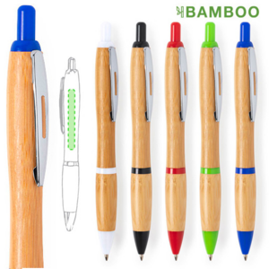 6369, Bolígrafo con mecanismo pulsador de línea nature, con cuerpo en bambú y detalles en variada gama de colores. Con original clip metálico troquelado y cómoda empuñadura de bambú. Tinta azul.