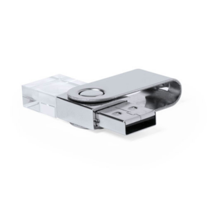 6238 16GB, Memoria USB de 16GB de capacidad, con mecanismo giratorio. Con clip metálico de acabado brillante y cuerpo en combinación de metal y material acrílico transparente que se ilumina con luz blanca al conectarla al puerto USB. Presentada en estuche individual de PVC con interior en troquelado en suave espuma.