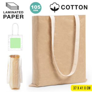 6821, Bolsa de línea nature en resistente papel laminado de 105g/m2, altamente resistente. Asas de algodón largas en color natural. De acabado cosido y resistencia  hasta 8kg de peso.