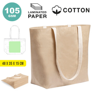 6822, Bolsa de línea nature en resistente papel laminado de 105g/m2, altamente resistente. Asas de algodón largas en color natural. De acabado cosido y resistencia  hasta 8kg de peso.