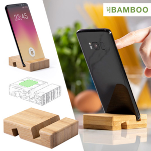6795, Soporte de línea nature para dispositivos móviles (smartphones y tablets). Fabricado en resistente bambú de acabado lacado, con ranura/soporte en ambas caras.