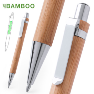 5260, Elegante bolígrafo de mecanismo pulsador con cuerpo en madera de bambú natural y accesorios de acabado metálico en color plateado brillante. De cartucho jumbo y tinta azul. Carga Jumbo