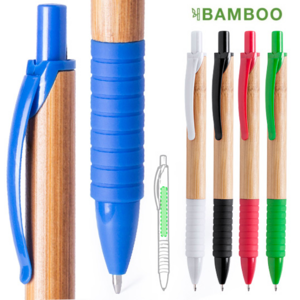 5605, Bolígrafo de mecanismo pulsador en original combinación de cuerpo en madera de bambú natural y accesorios en variada gama de vivos colores. Cómoda empuñadura a juego y tinta azul.