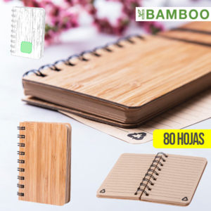 6017, Libreta de anillas en línea nature con tapas rígidas de bambú. De tamaño compacto, incluye 80 hojas con disposición a una raya y diseño eco. Portada Rígida. 80 Hojas