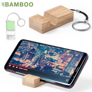 6796, Llavero soporte de línea nature para smartphone. Fabricado en resistente bambú de acabado lacado, con resistente cordón y anilla metálica.