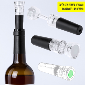 6096, Tapón con bomba de vacío para botellas de vino en elegante diseño de color negro y transparente. Parte superior del tapón metálica para marcaje en láser o tampografía. Presentado en caja individual.