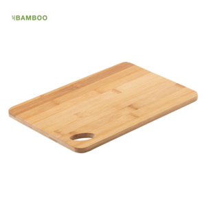 1127, Tabla de línea nature fabricada en bambú pulido, ideal para corte y presentación, con troquel para fácil manejo y para colgar.