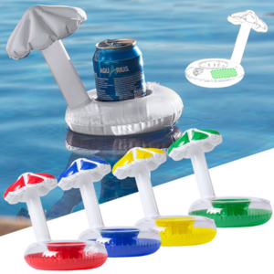 5616, Original soporte inflable para bebida en forma de flotador con sombrilla de playa. Con suave cuerpo acabado en PVC de vivos colores y presentado con plegado especial para impresión. Plegado Especial para Impresión