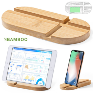 1294, Original y sencillo soporte de línea nature para smartphone y tablet. Fabricado en bambú procedente de cortes naturales. Presentado en atractiva caja individual de diseño eco.