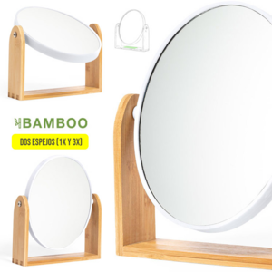 1237, Espejo de sobremesa de línea nature fabricado en bambú. Con dos espejos (1X y 3X). Presentación en caja individual de diseño eco. 1 Aumento 3X