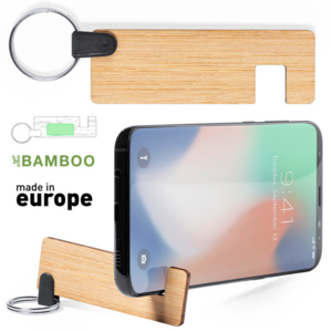 2618, Llavero soporte para smartphone y tablet de línea nature, hecho en bambú procedente de cortes naturales. De fabricación europea.