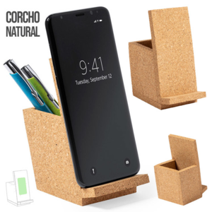 1226, Lapicero de línea nature con soporte para smartphone integrado. Fabricado en corcho, para así fomentar el uso de las materias primas naturales, y presentado en atractiva caja de diseño eco.