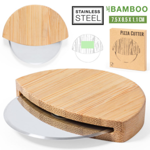 1272, Cortapizzas de línea nature. Con mango en bambú y cuchilla en acero inox. Presentado en atractiva caja de diseño eco.
