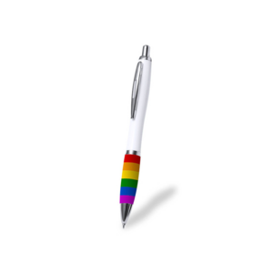 1927, Bolígrafo Rainbow, con empuñadura multicolor y cuerpo en acabado blanco. De mecanismo pulsador, con clip metálico y accesorios cromados. Todo un orgullo de bolígrafo, en tinta azul.