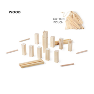 1511, Juego ancestral de kubb fabricado en resistente madera natural de pino. Set de 21 piezas, en bolsa de transporte 100% algodón con cordón de cierre a juego. Presentación en caja individual de diseño kraft, con manual de instrucciones en español e inglés. 21 Piezas. Funda Algodón