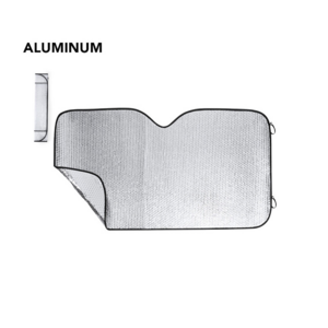 1595, Parasol en aluminio con burbuja en ambas caras. Acabado plateado metalizado, con ribetes en color negro y en tamaño 130 x 70 cm. Con cintas elásticas para plegado y presentación desplegado en plancha para fácil impresión, con bolsas aparte.