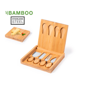 1712, Original set de quesos en caja plegable con troquelado interior para cada accesorio y en formato rectangular. Accesorios en acero inox con mango en bambú. Presentado en caja individual de diseño kraft. 4 Piezas