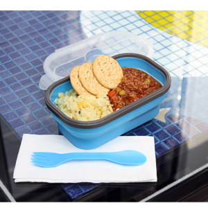 HM-026, Contenedor de alimentos plegable fabricado en silicon, con cubierto 3 en 1 (cuchara, tenedor y cuchillo), colores: azul,naranja,rojo y rosa