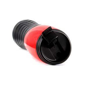 TE-012, Termo de plástico con agarradera de hule, tapa anti-derrame y capacidad de 450 ml. colores: azul, blanco y rojo