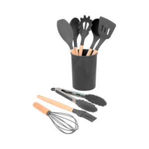 HO-122, Set de cocina con 8 utensilios de silicona antiadherentes y madera. Incluye pinzas para cocina, volteador ranurado, servidor de pasta, batidor, cucharon de sopa profunda, cepillo para barnizar, cuchara solida y espátula.