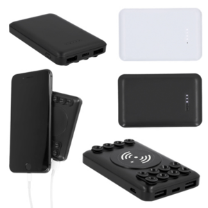 SO-084, Baterí­a portátil de plástico wireless con ventosas para sujetar el teléfono con botón de encendido y apagado, 2 puertos de salida USB, entrada micro USB e indicador de carga. Cap. 5500 mAh.