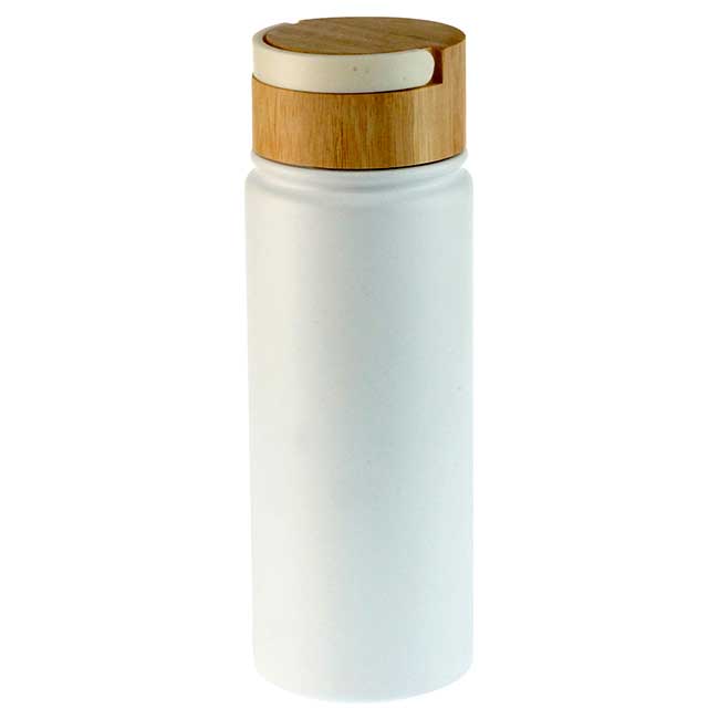 TH 13, TERMO AMBAR. Capacidad: 550 ml. Sistema de doble pared al vacío. Tapa de bamboo con correa para sujetar.