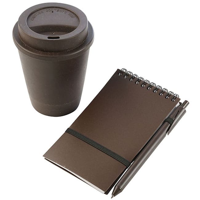 TH 214, Set Coffee Husk Funciones: Incluye Vaso con tapa para café , Block de notas con argollas y Bolígrafo. Capacidad vaso: 350 ml. Block: 60 hojas rayadas y cierre en elástico