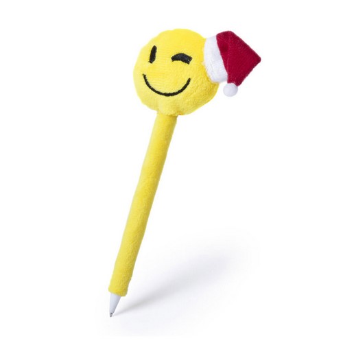 5470, Bolígrafo de divertidos diseños emoji navideños en llamativo color amarillo. Con suave cuerpo de peluche y tinta azul.
