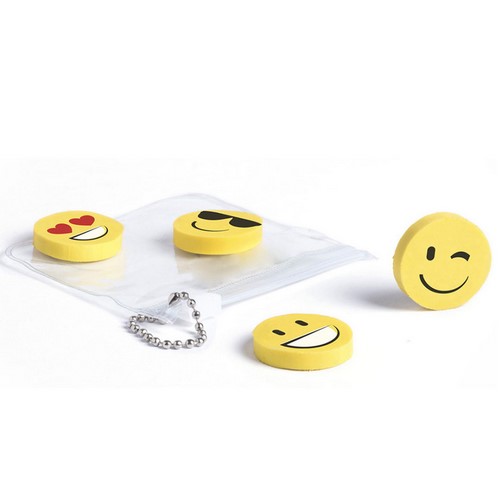 5594, Set de 4 gomas en divertidos diseños emoji y llamativo color amarillo. Presentadas en estuche de PVC transparente con cierre zippery cadenita de transporte. 4 Piezas