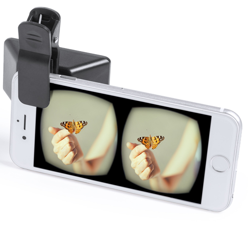 5633, Lente para cámara de smartphone con tecnología 3D que permite grabar vídeos y tomar fotos en formato 3D para posterior visionado en gafas de realidad virtual. Con pinza de sujeción de seguridad.