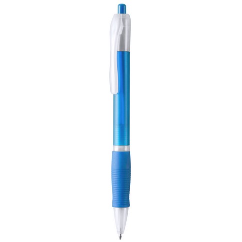 3523, Clásico bolígrafo con mecanismo de pulsador, de atrevido diseño bicolor y cuerpo en colores frosted de suave acabado. Con cómoda empuñadura a juego. Tinta azul.