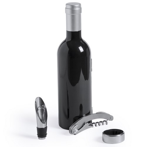 5840, Original set de vinos en forma de botella de vino de acabado brillante, cierre magnético y accesorios de acero inox. Incluye sacacorchos con cortacápsulas y abridor, tapón dosificador, recogegotas, cortacápsulas y tapón. Presentado en estuche individual con interior en suave espuma troquelada. 3 Accesorios