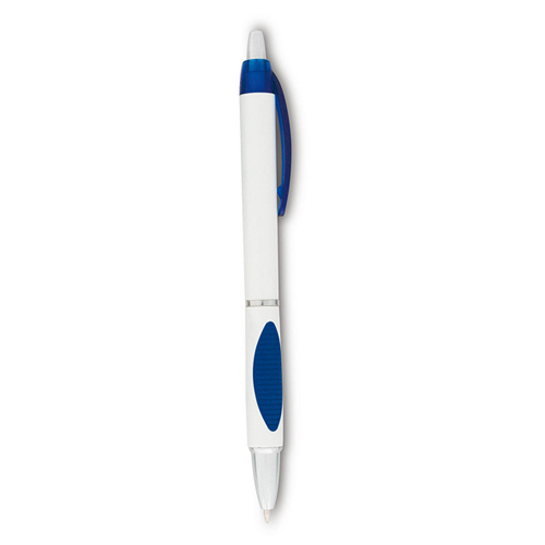 9046, Bolígrafo de mecanismo pulsador de atrevido diseño bicolor con accesorios en colores translúcidos y cuerpo de suave acabado en color blanco sólido. Con original clip a juego. Tinta azul.