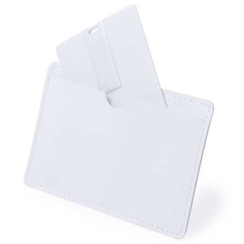 5848 16GB, Memoria USB tarjeta de 16GB de capacidad. De diseño ultraplano, mecanismo plegable y especialmente diseñada para marcaje a todo color en digital. Presentada en elegante funda individual de polipiel blanca.