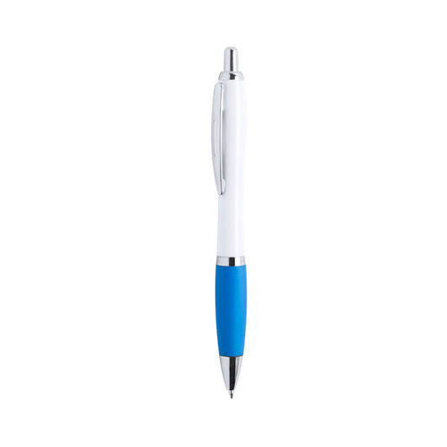 6074, Bolígrafo de colorido diseño bicolor, con cuerpo acabado en color blanco y empuñadura en variada gama de llamativos colores. De mecanismo pulsador, con detalles cromados, clip metálico y tinta azul.