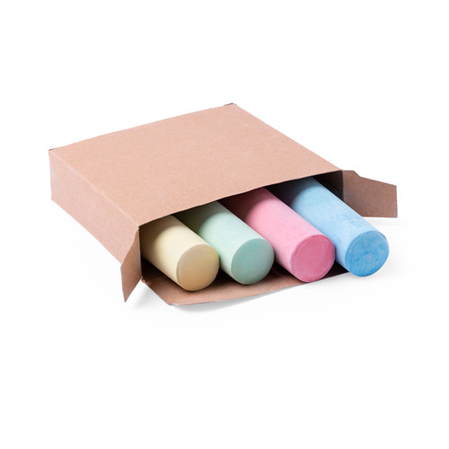 6083, Caja de tizas tamaño XL. Estuche en cartón reciclado, con 4 tizas en colores azul, rojizo, verde y amarillo. 4 Tizas