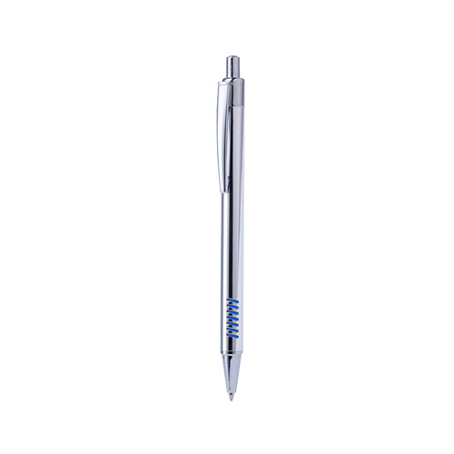 6026, Bolígrafo de acabado cromado con cuerpo en aluminio y original empuñadura en variada gama de colores. De mecanismo pulsador, con cartucho jumbo y tinta azul. Carga Jumbo