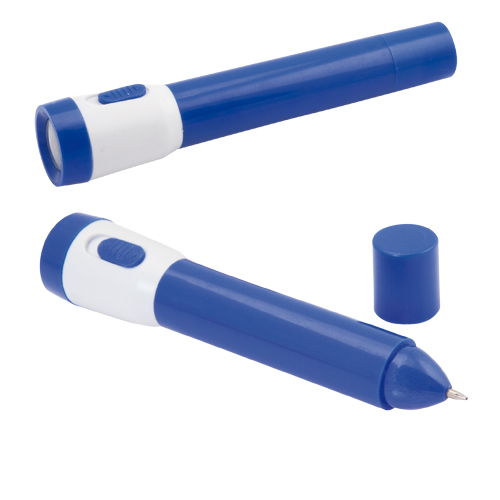 3818, Bolígrafo de capucha con linterna led integrada en originales colores. En tinta azul y con pilas de botón incluidas. 1 Led. Pilas Botón Incluidas