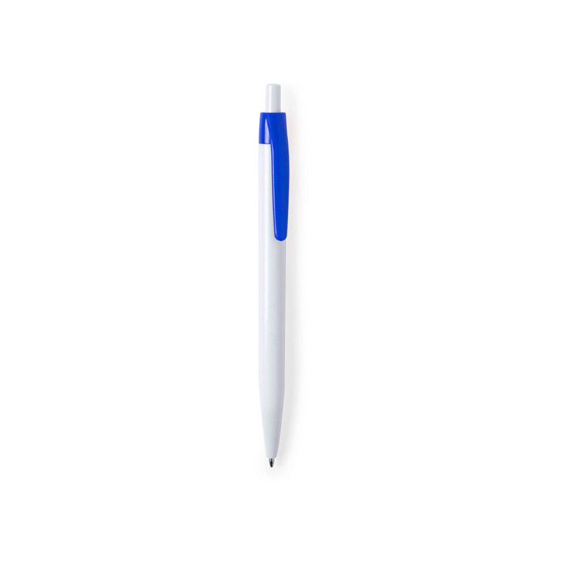 6410, Bolígrafo de mecanismo pulsador en desenfadado diseño bicolor. Con cuerpo en color blanco y clip en variada gama de colores. Amplia superficie de impresión y en tinta azul.
